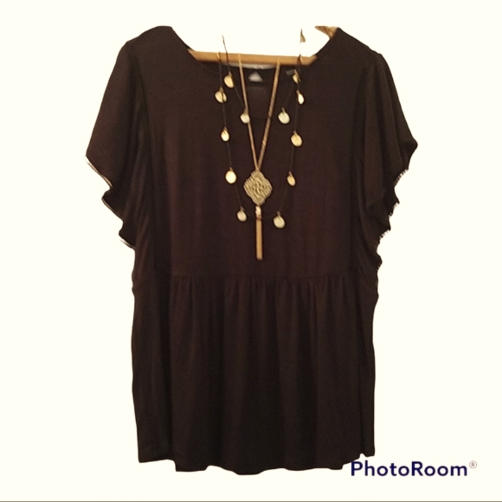 RXB Soft Black Flutter Sleeve Peplum Boho Top With Pom Trim NWT